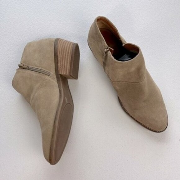 Lucky Brand Brekke Suede Booties Taupe Pull-on Low Heel Asymmetric Ankle Shoes 9 - Picture 3 of 9
